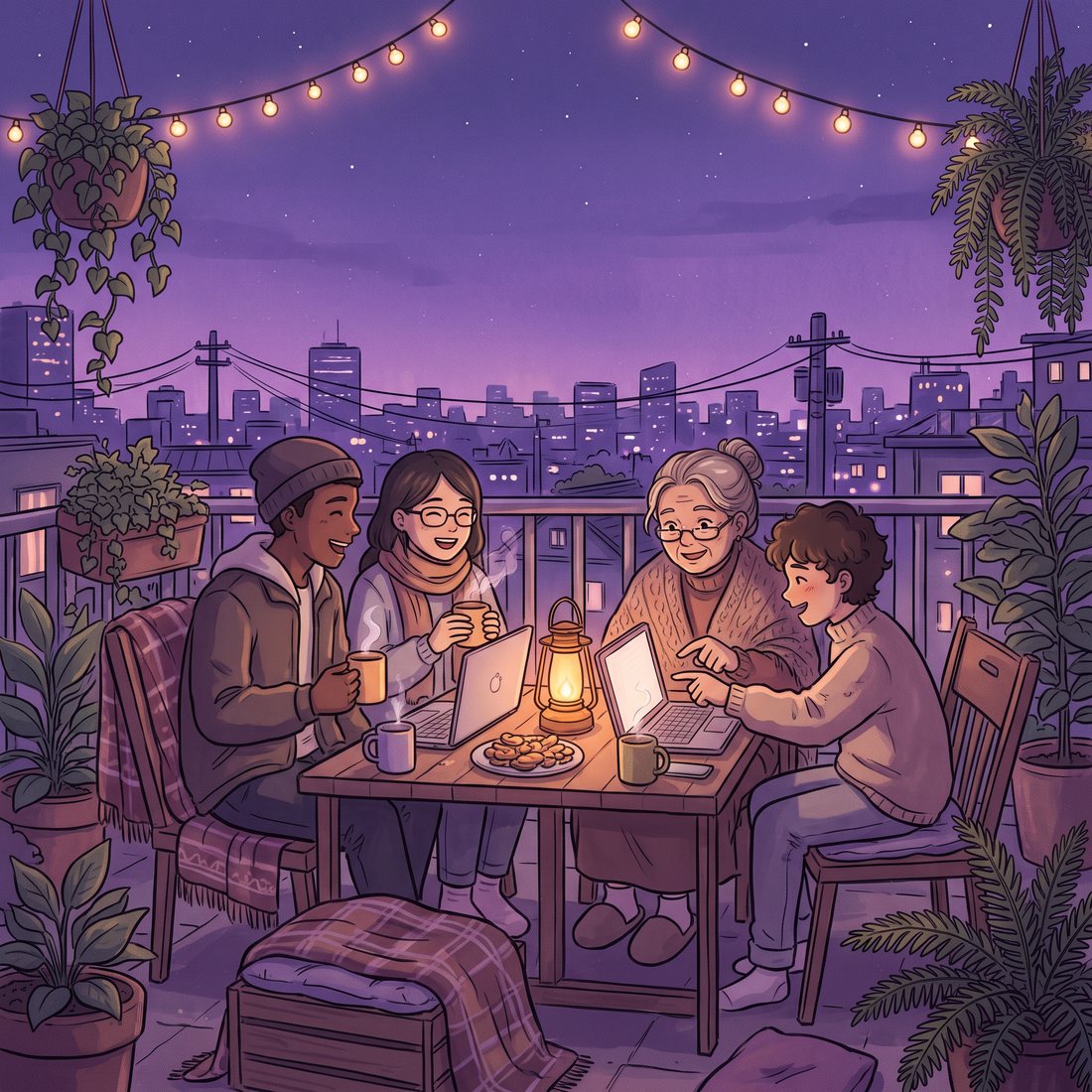 Friends on a rooftop at night working out a task together on a laptop