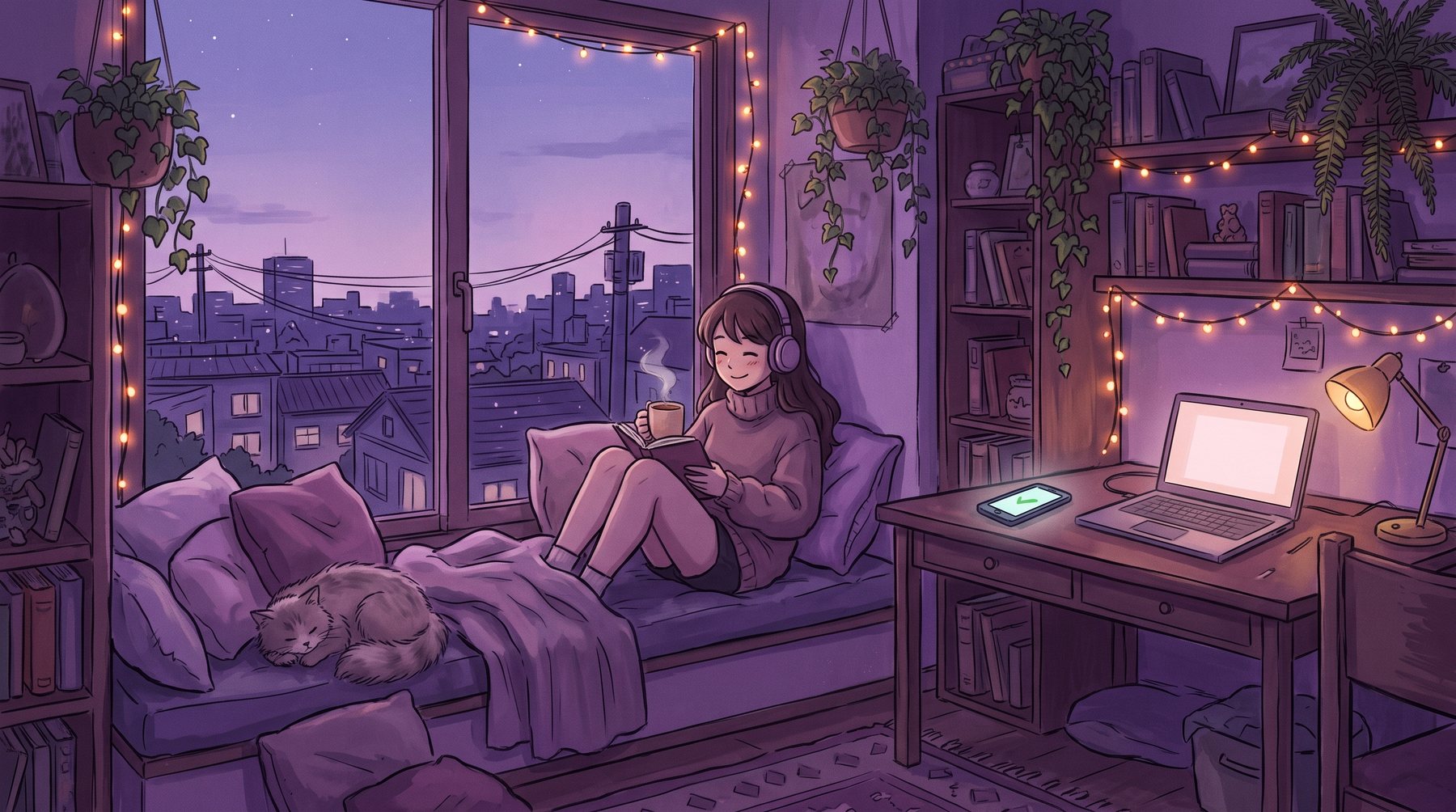 A woman relaxing with tea and a book by the window at dusk while her phone shows a check mark