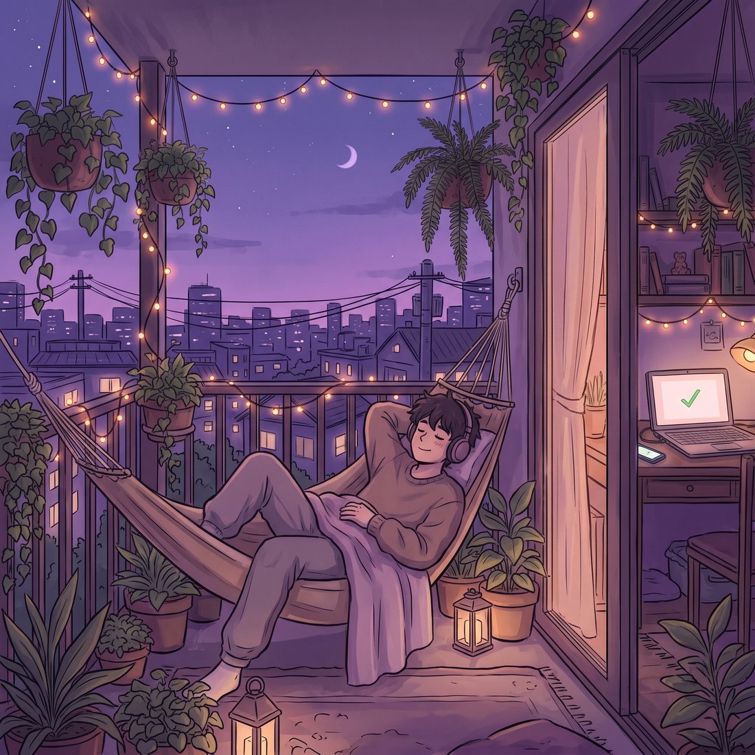 A man resting on his balcony at night while his laptop inside has the answer ready